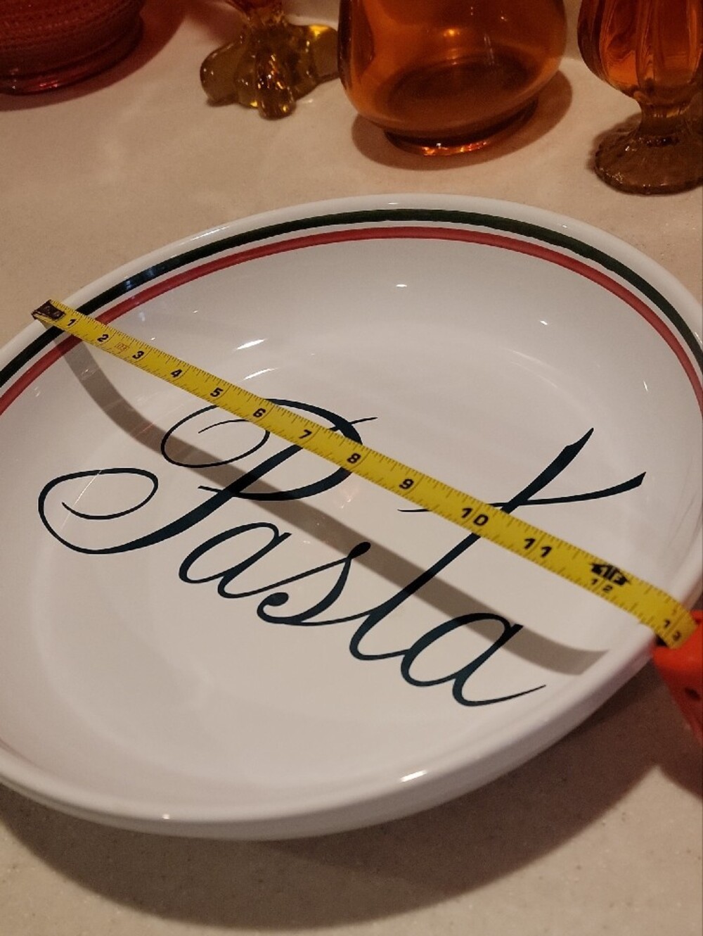 White Pasta Serving Bowl with Green and Red Rim - Picture 4 of 4